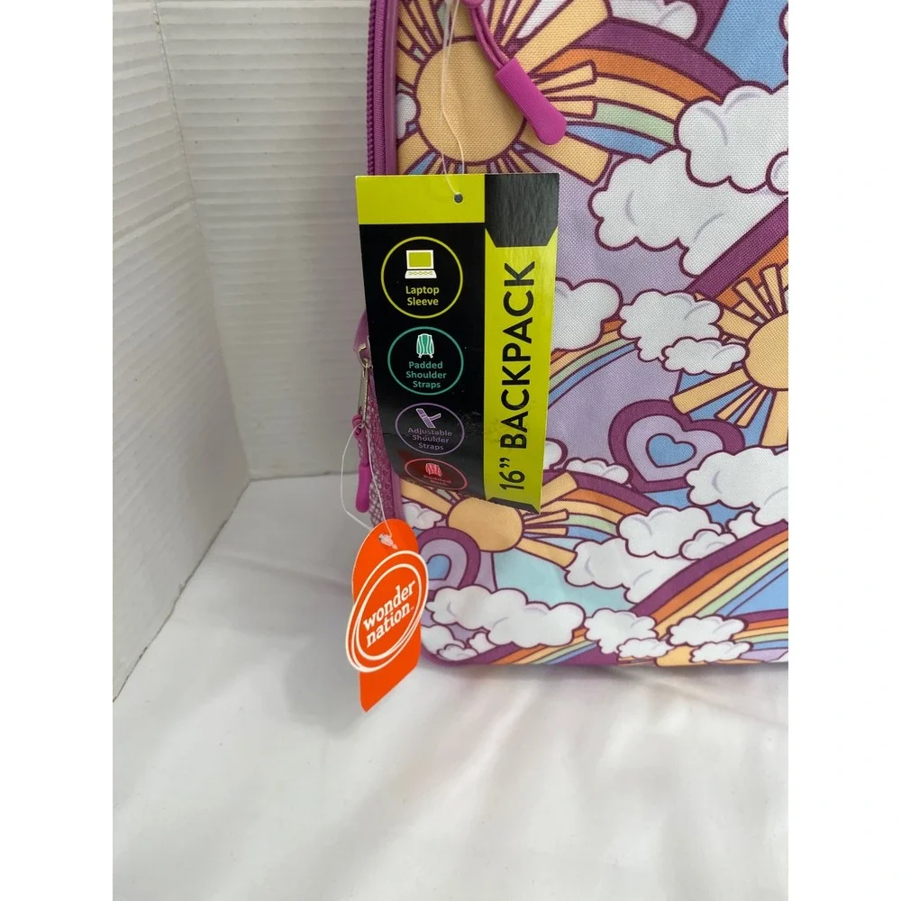 Wonder Nation Backpack Kids 16 Inch Purple Rainbow Sun Laptop Sleeve NWT